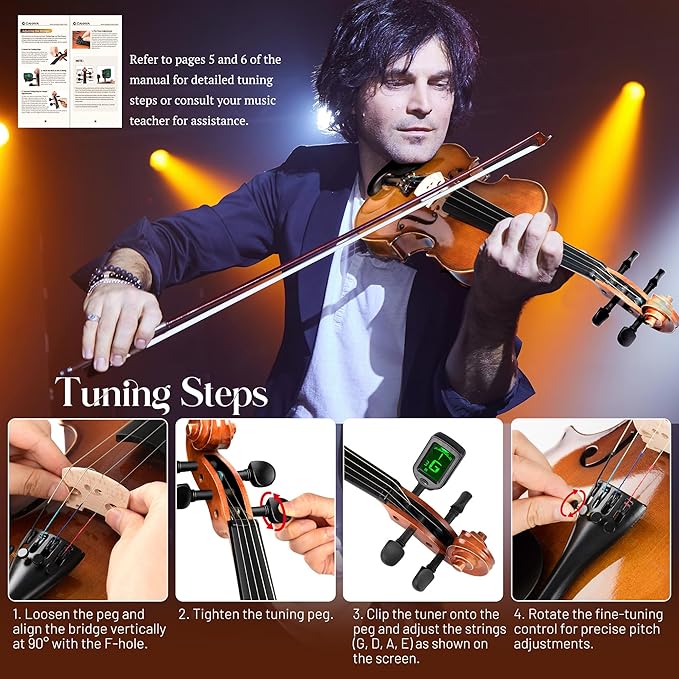 CAHAYA Violin 4/4 Full Size - Full Wooden Violin Set for Beginners Kids Adults Students Violin Kit with Hard Travel Case, Shoulder Rest, Extra Strings, Tuner
