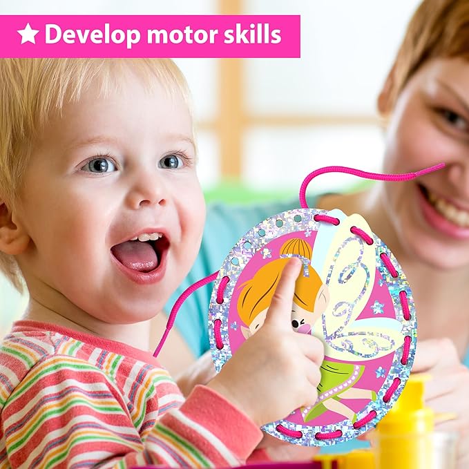 EZCRA Premium Foil Edge Lacing Cards for Kids Ages 3-6 | 5 Double-Sided Fairy Sewing Cards with Multilingual Learning | Durable Cardboard Fine Motor Skills Activity Kit