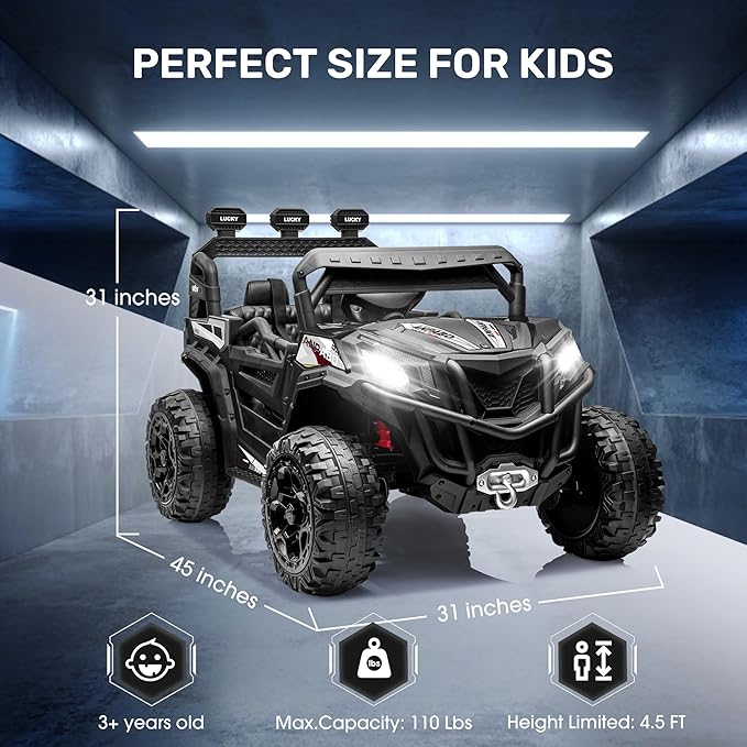 ANPABO 24V 4X4 Ride on Car Truck w/Remote Control, 4WD/2WD Switchable Kids UTV, 19" Spacious Seat, 4 Shock Absorbers, Soft Start, Music Player, Electric Car for Kids Ages 3+(Black