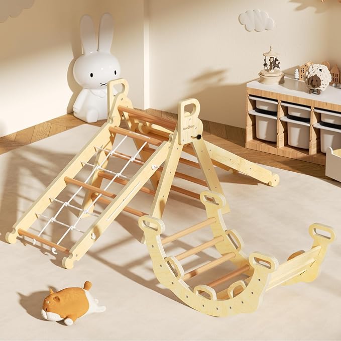BlueWood 2025 8-in-1 Pikler Triangle Climbing Set Toddler Toys Indoor Baby Jungle Gym Climber Playground for Kids - Natural Wood