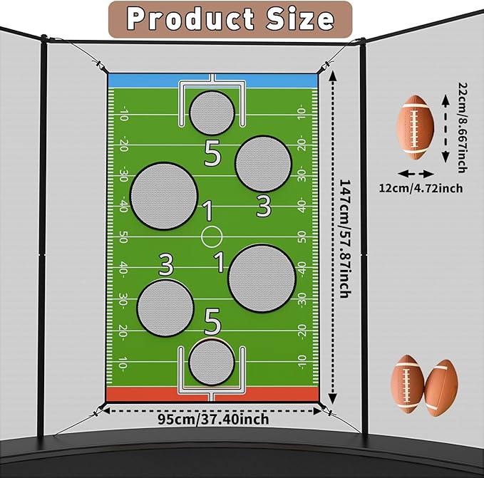 jumpfly Trampoline Football Game Accessories, Toss Throwing Target Net Fits 8 FT/10 FT/12 FT/14 FT Recreational Trampolines with Two Footballs - Trampoline Indoor Outdoor Party Games for Kids