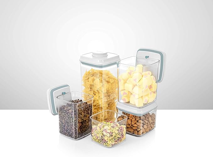 BopTop (5pc Set) Airtight Food Storage Container – Mechanical Silicone Seal Canister - BPA-Free Stackable - 2.5Qt/1.5Qt/.9Qt/.85Qt/.5Qt