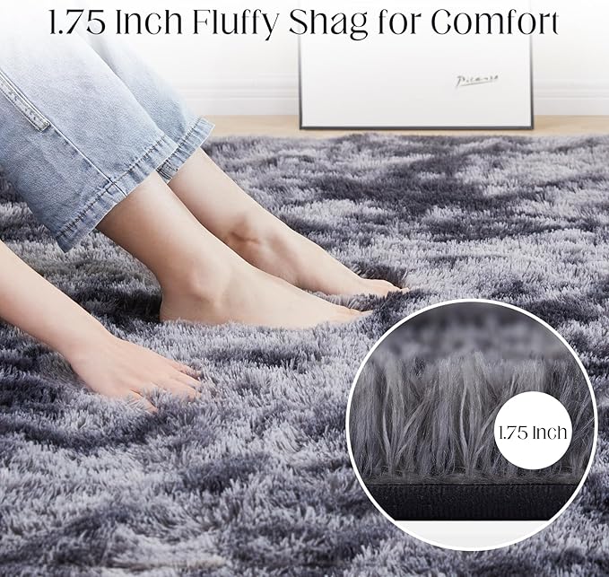 Fluffy Shag Area Rug, 4x6 Tie-Dyed Dark Grey Rugs for Bedroom, Soft Plush Area Rugs for Living Room, Non-Slip Indoor Carpet for Nursery, Study Room, Dressing Room, Home Decor