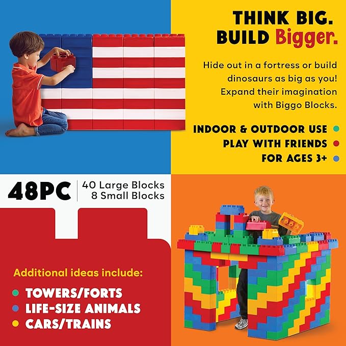Big Blocks for Kids Ages 4-8 — Indoor & Outdoor Blocks Kids Games — Blue Large Building Blocks - 48 pc