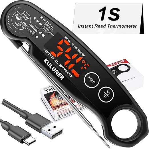 1-Second Rapid and Accurate Meat Thermometer - Waterproof Multifunctional Kitchen Food Thermometer, Ideal for Frying, Smoking, Grilling and More (Black)