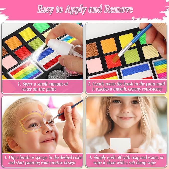 Face Painting Kit for Kids, 27 Colors Non-Toxic Paint with Brushes, 16 Crayons, 6 Reusable & 40 Sticky Stencils, Face Gems, Tattoos for Cosplay Parties & Halloween Makeup