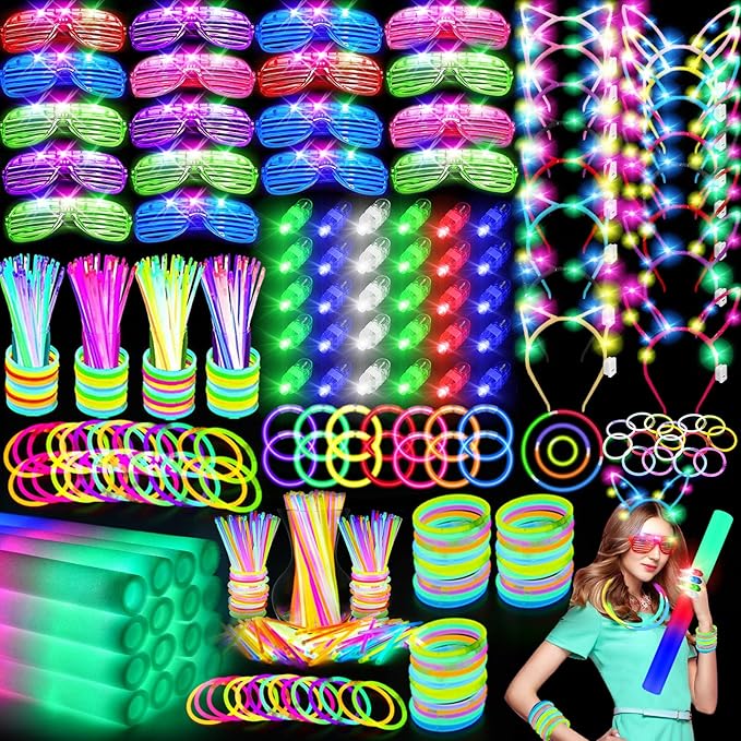 282 PCS Glow in the Dark Party Supplies, 18 Foam Sticks, 18 LED Glasses, 200 Glow Sticks, 30 Finger Lights, 8 Bunny Ear Headband and 8 LED Cat Ear Headband for Wedding,Birthday,Concert,New Year