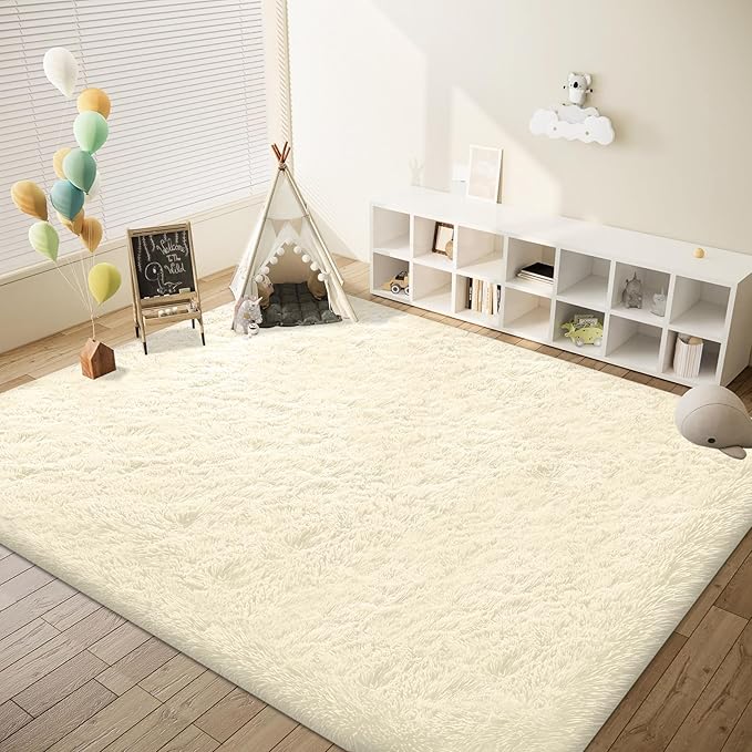 8x10 Area Rug for Living Room: Fluffy Shag Soft Washable Rugs Large Fuzzy Plush Indoor Carpet for Bedroom Nursery Playroom Kids Girls Boys Room (Cream White, 8'x10')