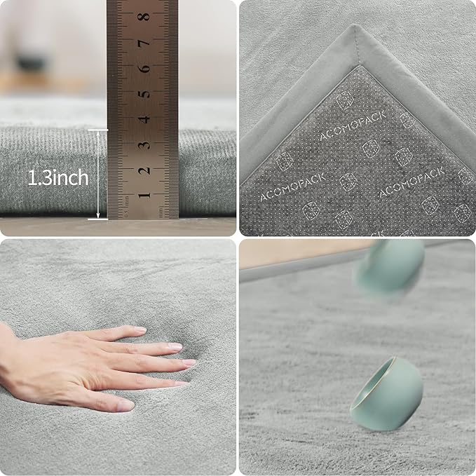 ACOMOPACK Baby Play Mat for Floor 1.3" Thick Memory Foam Play Mat 39"×59" Tummy Time Crawling with Non-Slip Bottom for Living Room,Nursery,Soft Velvet Playpen Mats for Kids,Infants（Light Grey）