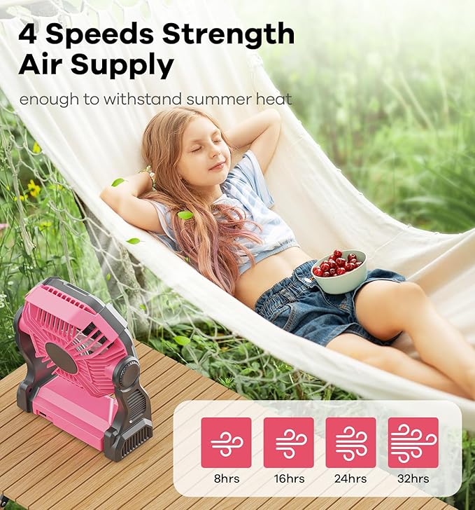 15000mAh Portable Battery Powered Camping Fan - with LED Light, Quiet Battery Operated, Camping Gear for Travel, Tent, Beach, Car or Hurricane Power Outages, Pink