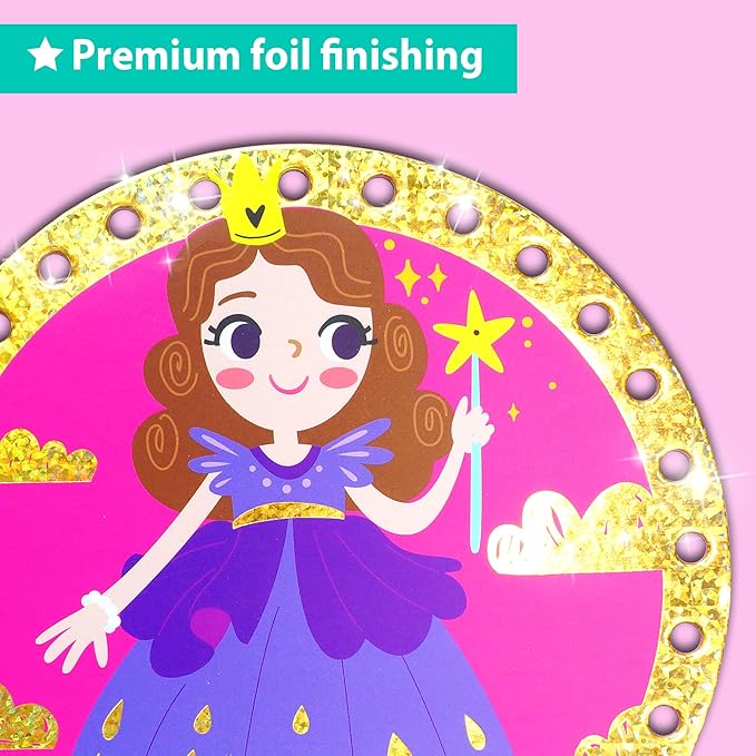 EZCRA Premium Foil Edge Lacing Cards for Kids Ages 3-6 | 5 Double-Sided Princess and Unicorn Sewing Cards with Multilingual Learning | Durable Cardboard Fine Motor Skills Activity Kit
