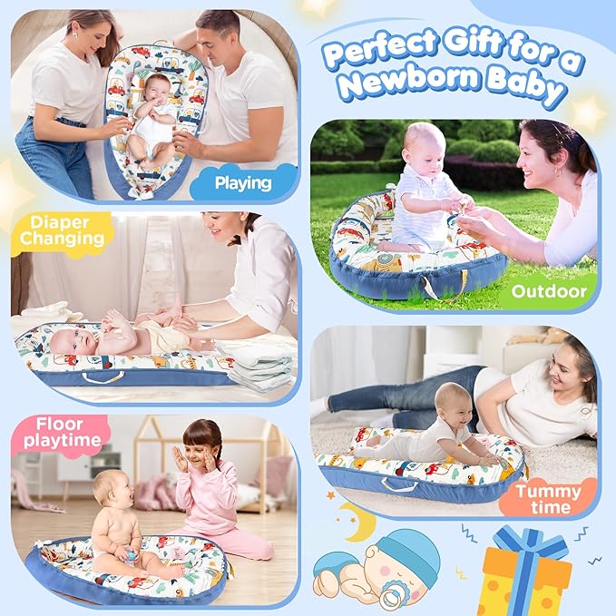 Baby Lounger - Baby Lounger for Newborn 0-24 Months, Breathable and Soft Cotton Cover Baby Nest, Portable Cozy Tummy Time Lounger for Home and Travel, Ideal Baby Essentials & Shower Gifts