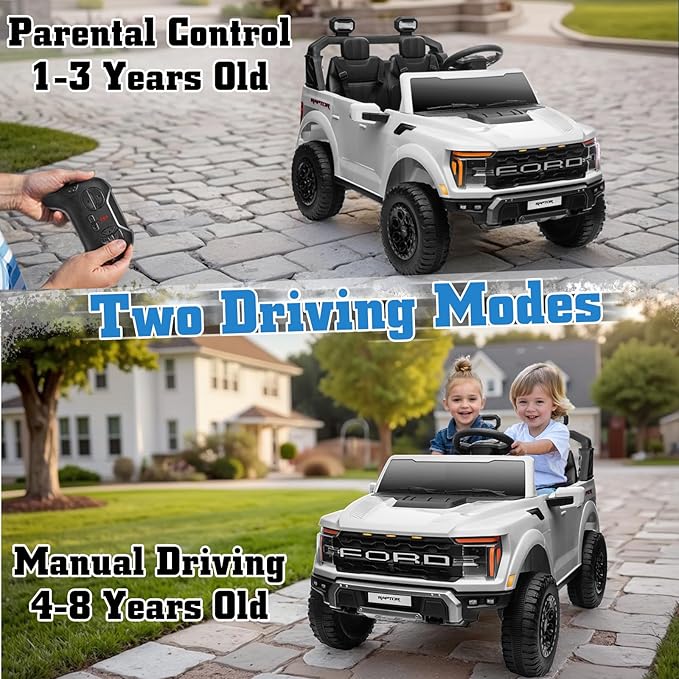 24V Ride on Car Licensed Ford F-150 Raptor, Kids Electric Car with Remote Control, LED Light/Music/MP3, Truck Bed Storage, 3-Point Seat Belt (24V, White)