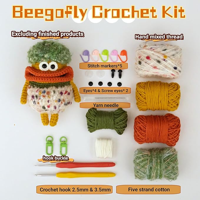 Beegofly Crochet Kits, Crochet Monsters Kit for Experienced Adults and Kids,with Step-by-Step Video Tutorials,Airpods Storage Bag,Handmade Gift,Original Sausage Mouth Monster Egg Bags (Orange)