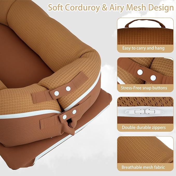 Baby Lounger, Deluxe Infant Lounger, Baby Nest Cover for Baby, Breathable Cotton, Adjustable Baby Floor Seat for Tummy Time, Newborn Essentials for Baby 0-12 Months (Brown)