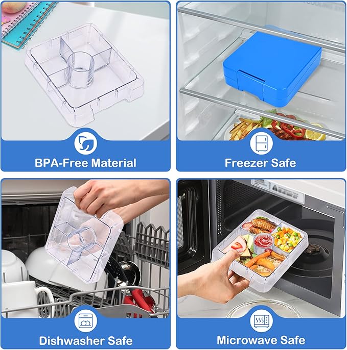 Bento Lunch Box Set With 10oz Soup Thermo, Leak-proof Lunch Containers with 4 Compartment, Kids Hot Thermo Food Jar/Insulation Lunch Bag, Food Containers for School （Blue）