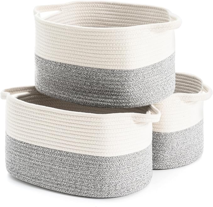 Cotton Rope Woven Storage Basket, Used for Baby Hamper Toy Organizer, Gift Baskets Empty,Kids Laundry Basket,Baby Blanket Basket. Size 15x10x8.7 Inches. (White&Grey-3PCS)