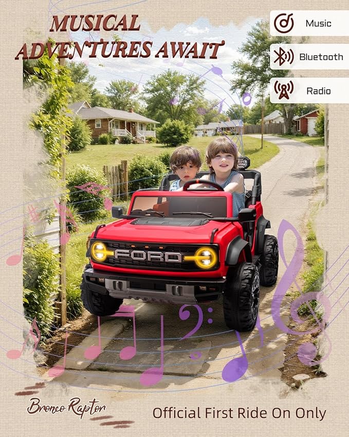 Ford Bronco 24V Ride on Toys for Boys & Girls, 2 Seater Kids Electric Car with Remote Control, Kids Ride on Truck with 4 Wheels Suspension, Led Lights, Safety Belt (24V, Red)