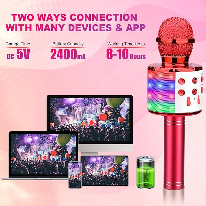 BlueFire 4 in 1 Karaoke Wireless Microphone with LED Lights, Portable Microphone for Kids, Great Gifts Toys for Kids, Girls, Boys and Adults (Red)