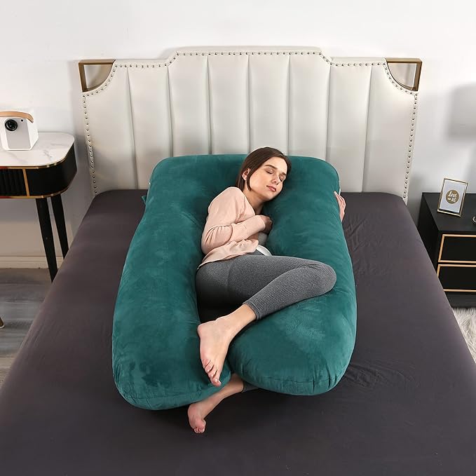 Amagoing 55 inches Pregnancy Pillows for Sleeping, U Shaped Maternity Full Body Pillow for Pregnant Women with Hip, Leg, Back, Belly Support, Removable Washable Velvet Cover (Teal Green)