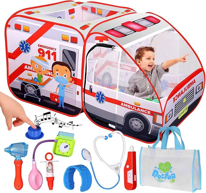 Ambulance Pop-up Play Tent for Kids with Sounds, Doctor Kit & Ball Pit for Toddlers & Up - Easy Setup Pop up Toy for Indoor & Outdoor, Emergency Vehicle Playset, Pretend Play, Great Gift