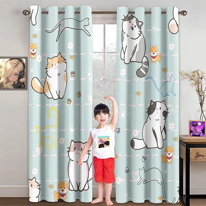 Cartoon Cat Blackout Curtains for Girls Room - Grommets Top, Animal Themed, Thermal Insulated Panels for Bedroom, Nursery Decor, 82 in x 84 in