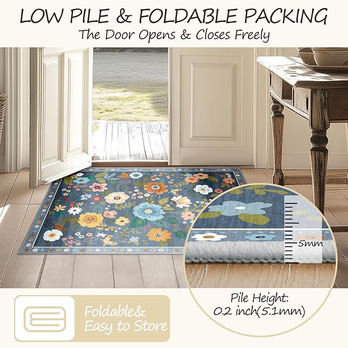 Floral 3x5 Area Rug Machine Washable Soft Print Boho Carpet Non Slip Doormat Low Pile Flower Area Rugs for Living Room Bedroom Nursery Kitchen Dining Room Indoor-Blue/Grey