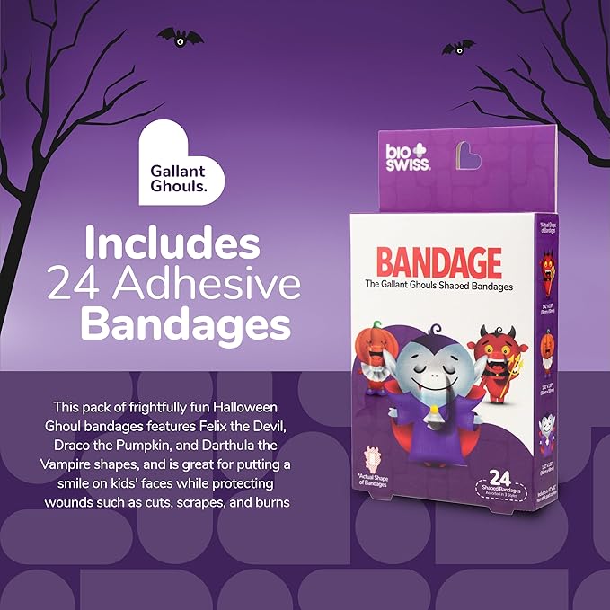 BioSwiss Bandages, Halloween Ghouls Shaped Self Adhesive Bandage, Latex Free Sterile Wound Care, Fun First Aid Kit Supplies for Kids and Adults, 24 Count