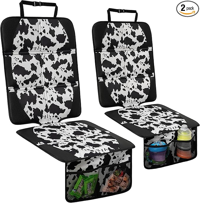 Car Seat Protector for Child Car Seat, 2 Pack Baby Car Seat Covers with Mesh Pockets & Non-Slip Backing 600D Durable Seat Protector Under Baby Car Seat for Car Back Seat (Cow Print, Large)