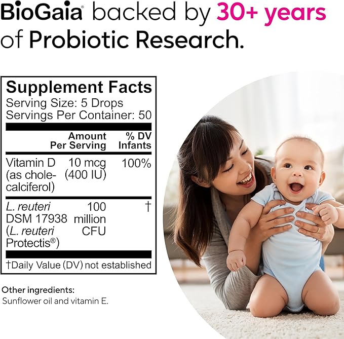 BioGaia Baby Probiotic Drops - Colic & Gas Relief + Vitamin D, 50-Day Supply, Safe for Newborns, Reduces Crying, Fussing, Colic, Gas, Spit-ups & Constipation, No allergens, Dairy or Soy (Pack of 2)