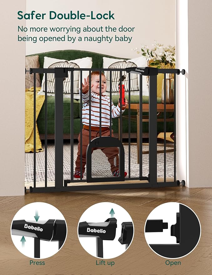 Babelio 36" Tall Upgraded Baby Gate with Cat Door,29-43" Auto Close Durable Dog Gate for Stairs,Doorways and House,Easy Walk Thru,Includes 4 Wall Cups,Black