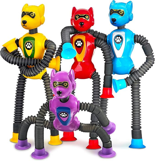 Cool Robot Dog Pop Tubes Sensory Fidgets Toddler Toy 4PC Travel Toys Airplane Car Activities Autistic Road Trip Toys Suction Tube for Kid Boy Year Old Ages 3 4 5 6 7 8 ADHD Autism Fidget Classroom