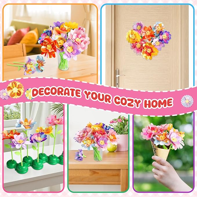 Einailvk Fabric Flower Bouquets Toys, DIY Flower Making Kit for Kids 3 4 5 6 7 8 9 10 11 12 Year Old Girl Birthday Christmas Gift, Art and Crafts Kit Toys for Girls 4-6 6-8 8-12 Year Old (RED)