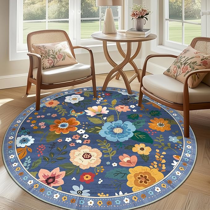 Floral 4ft Area Rug Machine Washable Soft Print Boho Carpet Non Slip Doormat Low Pile Flower Area Rugs for Living Room Bedroom Nursery Kitchen Dining Room Indoor-Blue/Grey