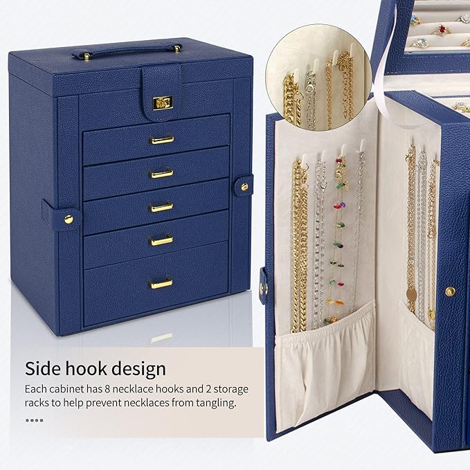 AKOZLIN Large Jewelry Box Organizer Functional Lockable with Big Mirror, Leather Jewelry Storage Case for Women Girls Ring Necklace Earring Bracelet Holder Organizer Blue