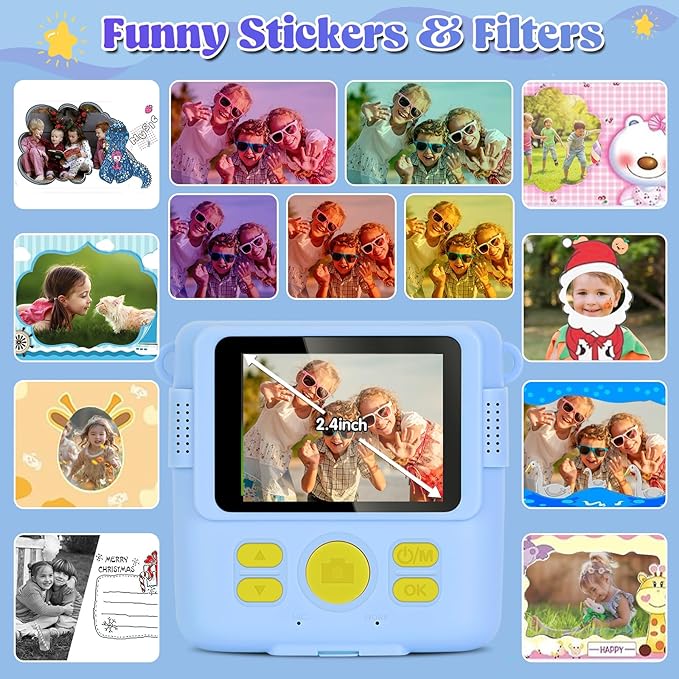 Instant Print Camera for Kids - 2.4 Inch Kids Camera Instant Print with Paper & 32G Card- Digital Children Toys as Christams Birthday Gifts for Girls Boys Age 3-12 - Blue