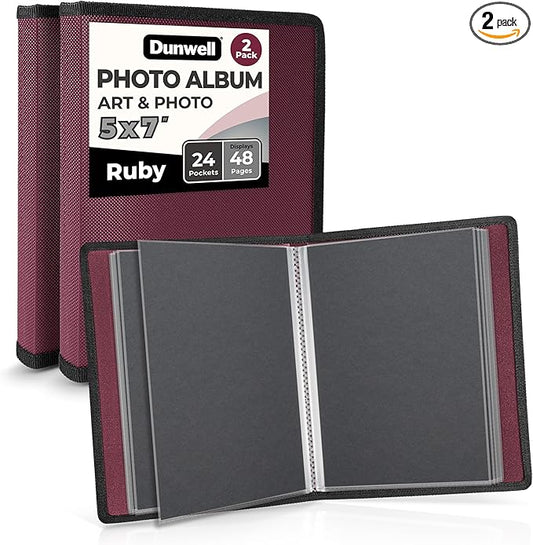 Dunwell Small Photo Album 5x7 (2-Pack, Ruby), Black Mounting Paper, 5 x 7 Photo & Art Portfolio Presentation Book, 24 Sleeves Display 48 Pages, Professional Picture Book for 5x7 Artwork, Postcards
