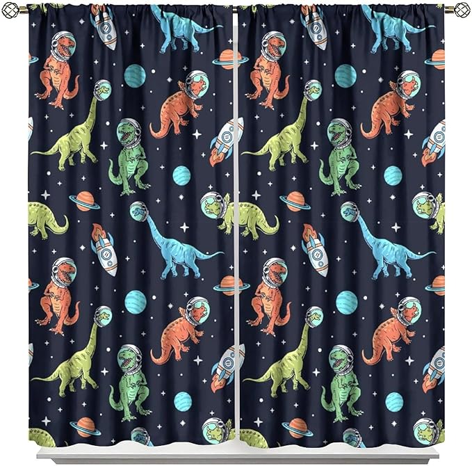 Cartoon Dinosaur Curtains for Kids Boys Girls Home Decor, Astronaut Rocket Funny Outer Space Blackout Rod Pocket Window Drapes for Bedroom Living Room W31.5xL72in 2 Panels