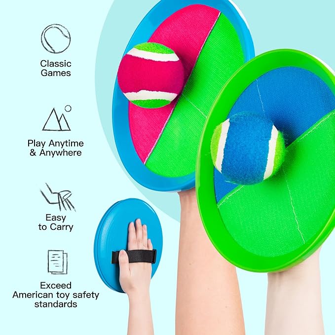 EVERICH Upgraded Toss and Catch Ball Game Set - Indoor and Outdoor Games for Kids 3-12, Beach Sand Pool Water Toy Includes 4 Paddles 4 Sticky Balls, Great Birthday Easter Gifts for Boys Girls