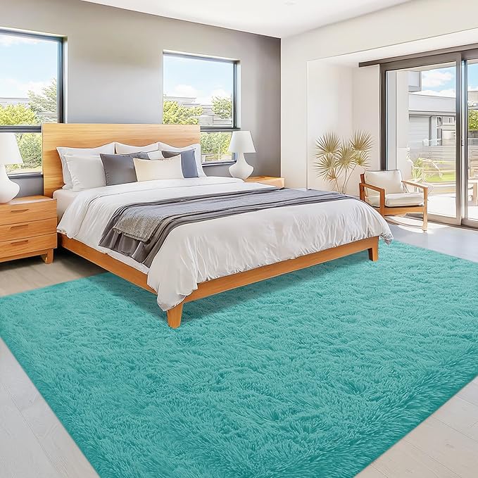 6x9 Area Rug for Living Room: Fluffy Shag Soft Washable Rugs Large Fuzzy Plush Indoor Carpet for Bedroom Nursery Playroom Kids Girls Boys Room (Teal Blue, 6'x9')