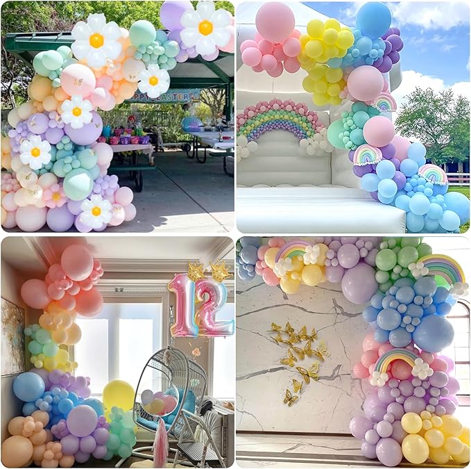 5th Birthday Decorations Girl, Slmeno Daisy Pastel Balloon Arch Kit 219Pcs, 5 Year Old Girl Pastel Rainbow Party Decorations, with Happy Birthday Banner, Cake Toppers, Gold Butterfly Decoration
