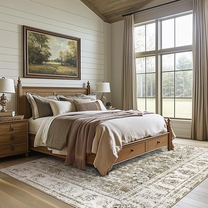 jinchan 8x10 Area Rugs for Living Room - Machine Washable Vintage Floral Distressed Design Stain Resistant Boho Carpet Low Pile Non-Slip Rug for Bedroom Dining Room Home Office (8‘x10',Taupe)