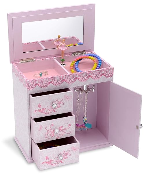 Jewelkeeper - Ballerina Jewelry Box for Girls with 3 Pullout Drawers - Ballerina Music Box with Swan Lake Tune - Ballet Slipper Design - Jewelry Storage Organizer for Necklaces and Bracelets