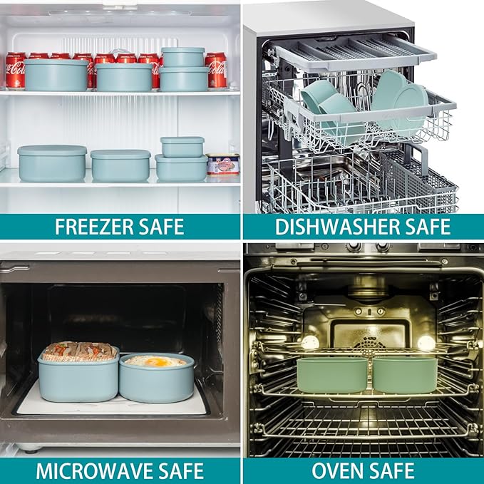 100% Silicone Food Storage Containers with Lids, 8 Pack, 10oz to 51oz, Reusable Leakproof Nesting & Stackable Silicone Bento Lunch Box, Microwave Freezer Dishwasher Oven Safe, BPA Free, Slate Green