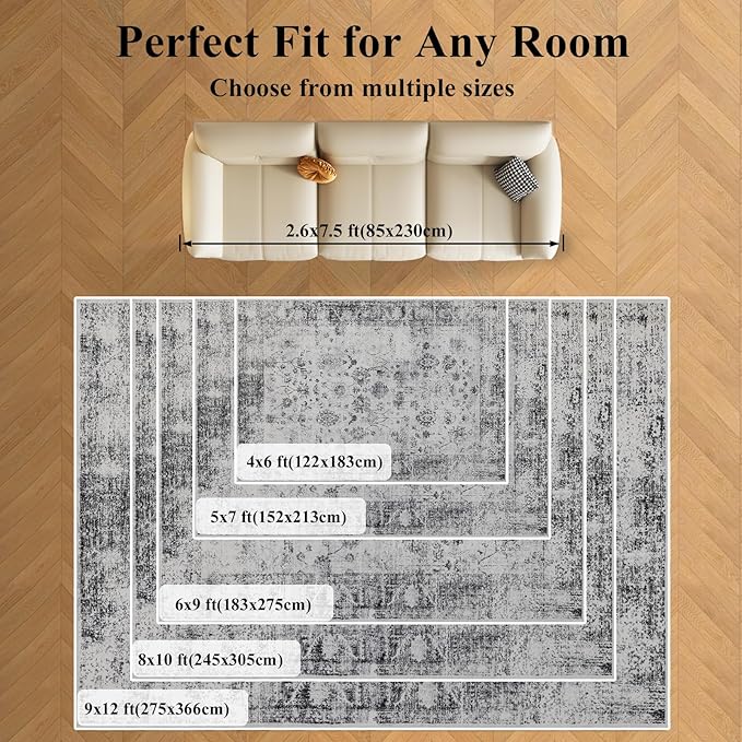 4x6 Washable Area Rug for Living Room, Carpet for Bedroom, Soft Faux Wool Retro Dining Room Rug, Non Slip&Non-Shedding Resistant Low Pile Vintage Print Rug for Home Office (White/Grey)