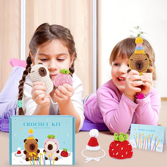 Crochet Kit for Beginners-2PCS Animals Brown and Beige Capybara Crochet Kit with Step-by-Step Video Tutorials, Stuffed Animal Knitting Kit for Adult Kids, Capybara Party Crocheting Kit for Birthday