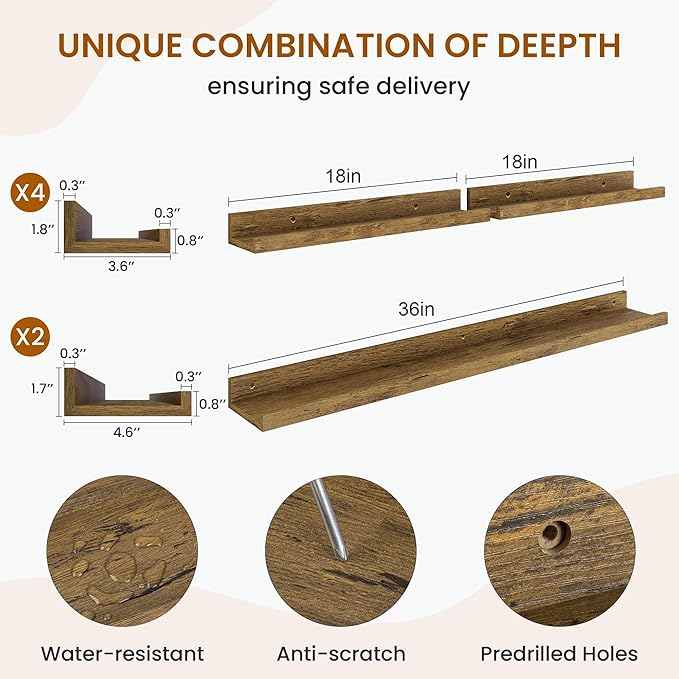 Axeman Picture Ledge Shelf, Floating Shelves for Wall Storage Set of 6, 36 inch Floating Wall Mounted Shelves, Wall Shelves with Lip for Living Room, Bedroom, Nursery, Bathroom, Kitchen, Rustic Brown