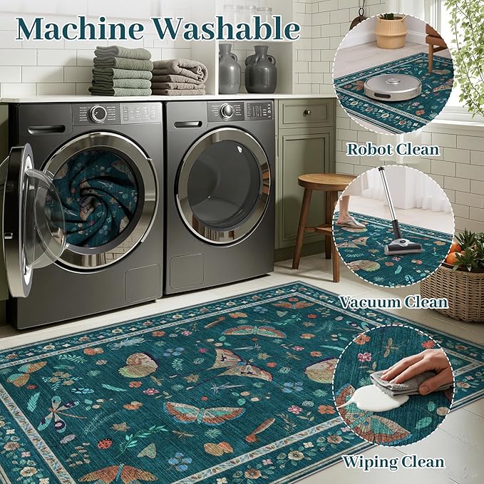 8x10 Area Rugs with Insect Print - Bug Rug Non-Shedding Stain Resistant Soft Carpet for Bedroom, Low Pile Ultra-Thin Machine Washable Carpet for Dining Room, Kids Nursery, Office (8'x10' Teal)