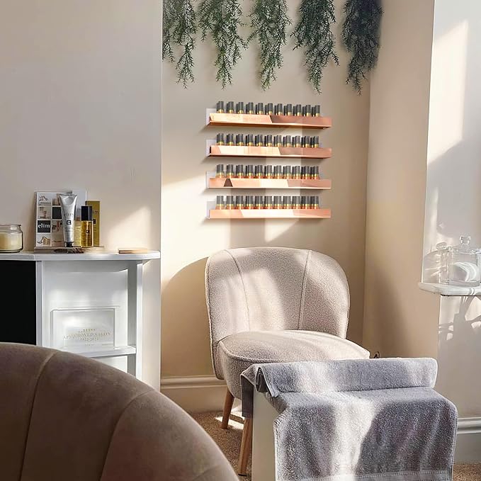 4 Pack 15 Inch Rose Gold Reflective Acrylic Shelves, Rose Gold Floating Shelves, Modern Sunglasses Essential Oil Picture Ledge Display Toy Storage Shelf