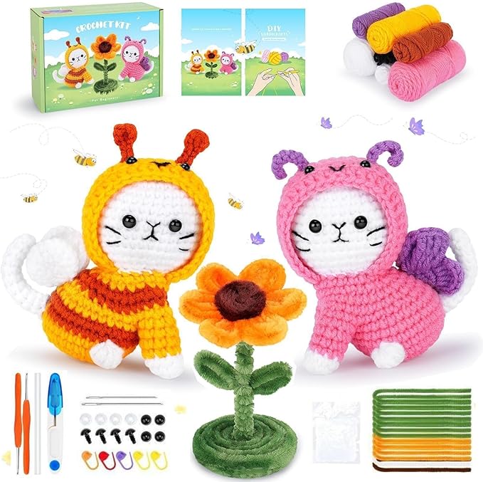 Crochet Kit for Beginners, 2PCS Cats Dressed as Bee and Butterfly Crochet Kits with Step-by-Step Video Tutorials, Beginner Crochet Kits for Kids and Adults, Animal Crocheting Kit for Starters